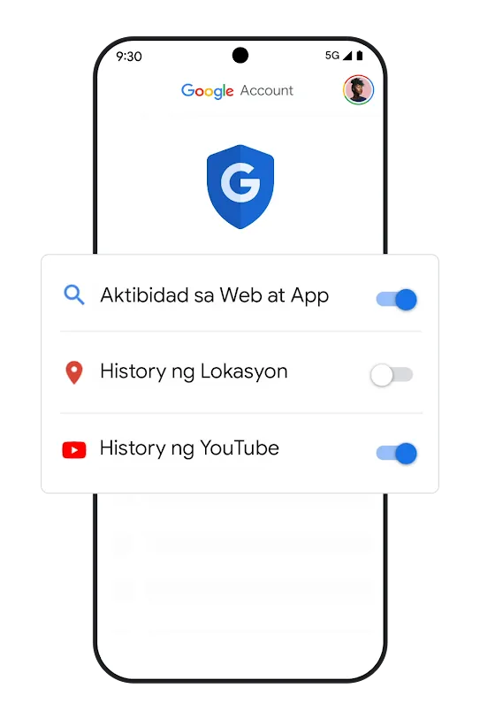 Graphic ng telepono na may mga toggle ng mga setting ng history.