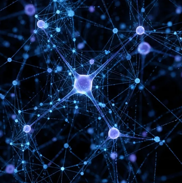 A computer graphic depicting a neural network, blue orbs on a black background