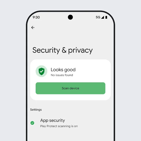 Visual of a smartphone screen running Android OS with the Security & Privacy settings open, displaying the results of a device scan and app security settings.