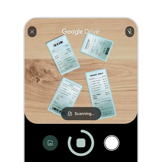 Scanning multiple pages of homework and receipts in Google Drive with the camera on an Android phone to create digital versions of them.
