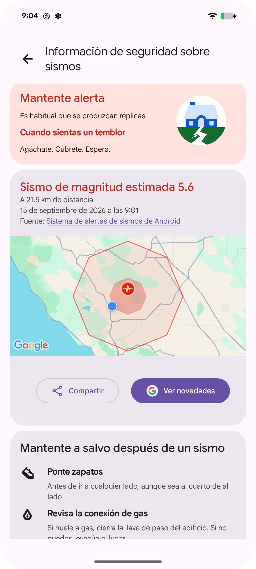 Imagen de la IU de un teléfono que muestra información de emergencia para protegerse después de un terremoto. Por ejemplo, conseguir zapatos, revisar el gas y evitar edificios dañados 