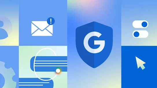An abstract vector graphic grid layout themed around cybersecurity and online fraud prevention, rendered in shades of blue, white, and soft gradient pastels. In the center is a prominent blue shield containing a white capital letter "G". Surrounding panels feature various security and user interface icons, including an envelope with an exclamation point alert badge, digital toggle switches, a mouse cursor arrow, a partial gear wheel, and rounded text or message bubble shapes.