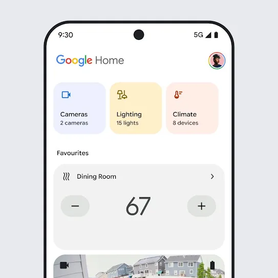 Visual of a smartphone screen with Google Home open, displaying a dashboard with at-a-glance information about security cameras, lighting, and climate. 