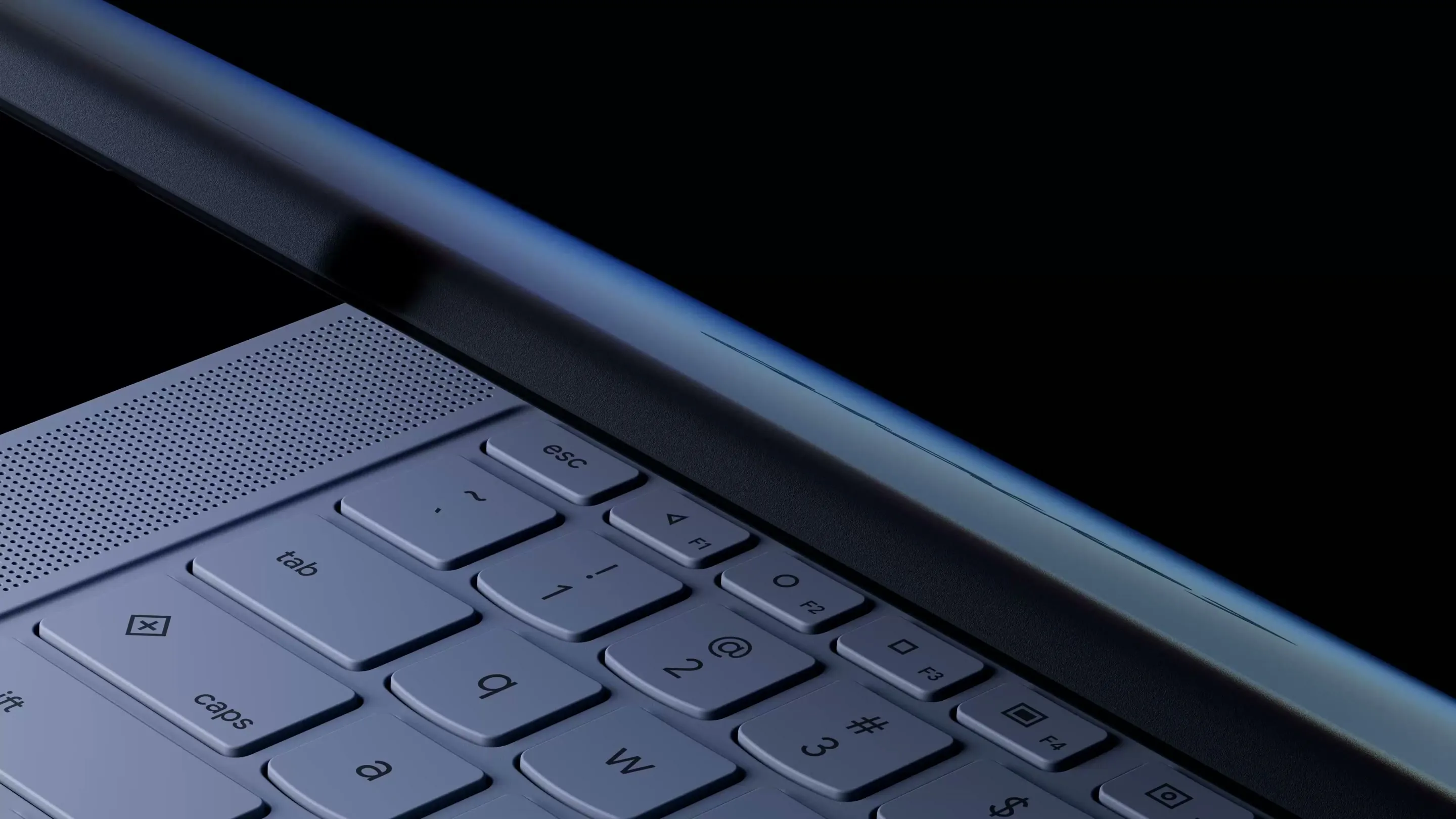 Googlebook laptop slowly opening, viewed from a low angle showing the keyboard and hinge.