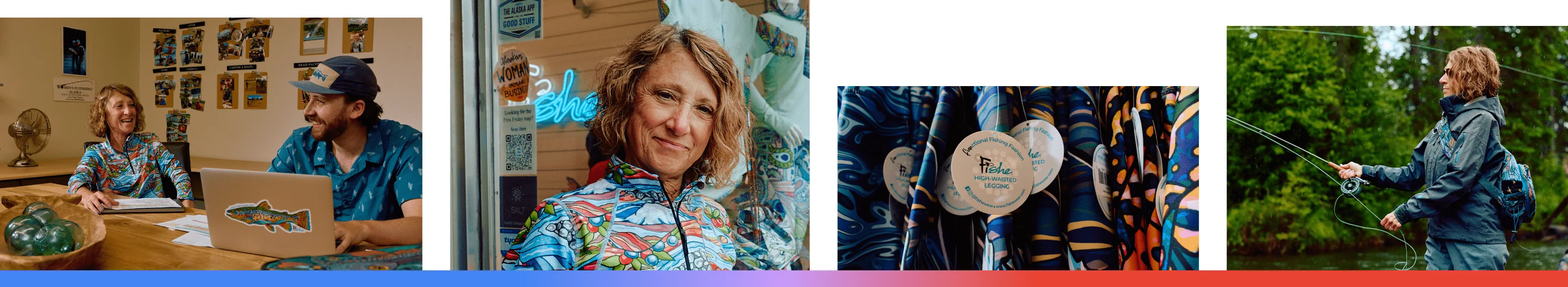 A composite of four images featuring Fishe Wear in Anchorage, Alaska, showing the team collaborating in their office, a portrait of founder Linda Leary at her retail storefront, a close-up of the brand's signature colorful fly fishing apparel, and Linda field-testing her functional fishing fashion on the water.