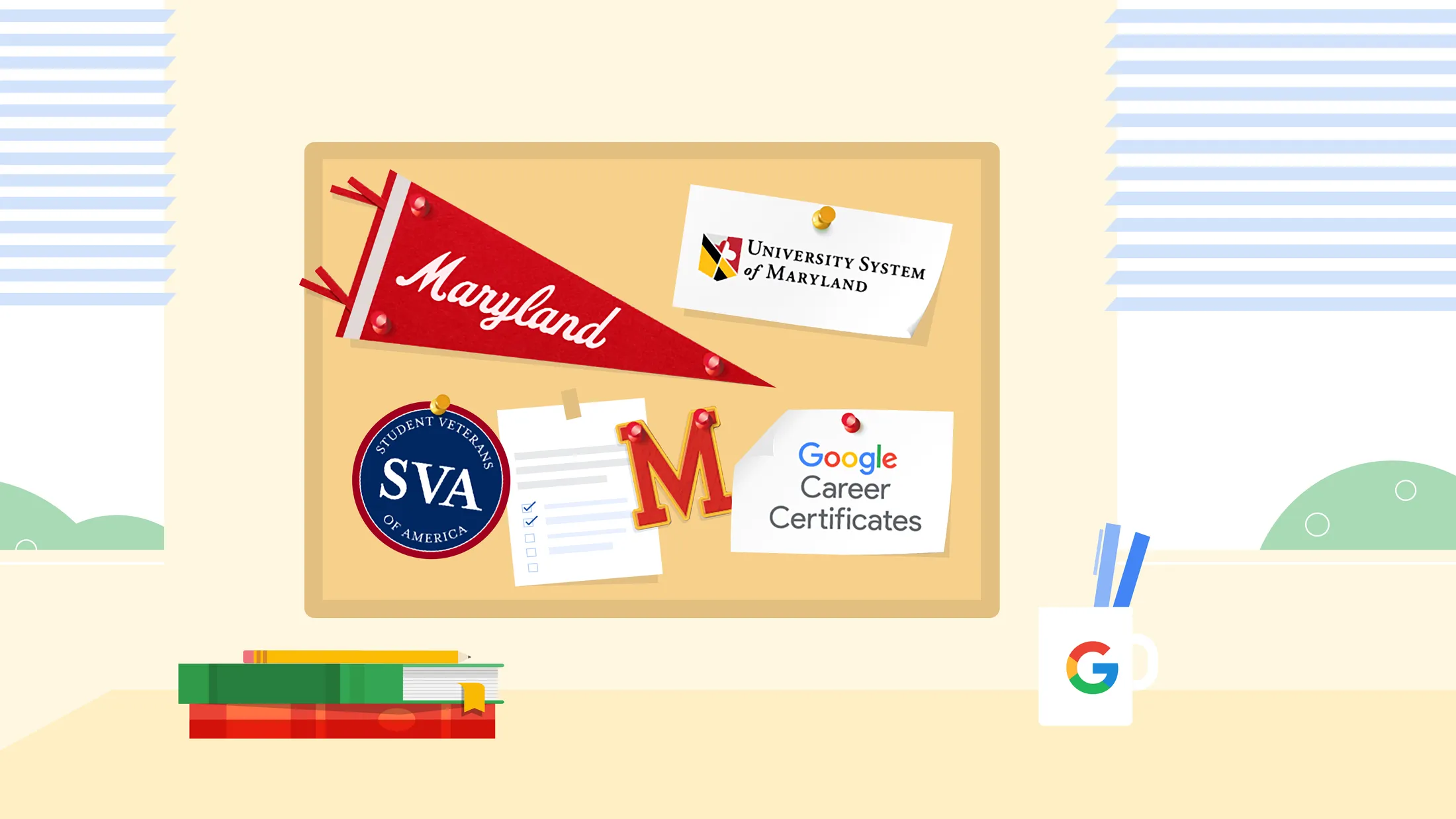 An illustration of a board with a Maryland pennant pinned to it, and a paper reading Google Career Certificates