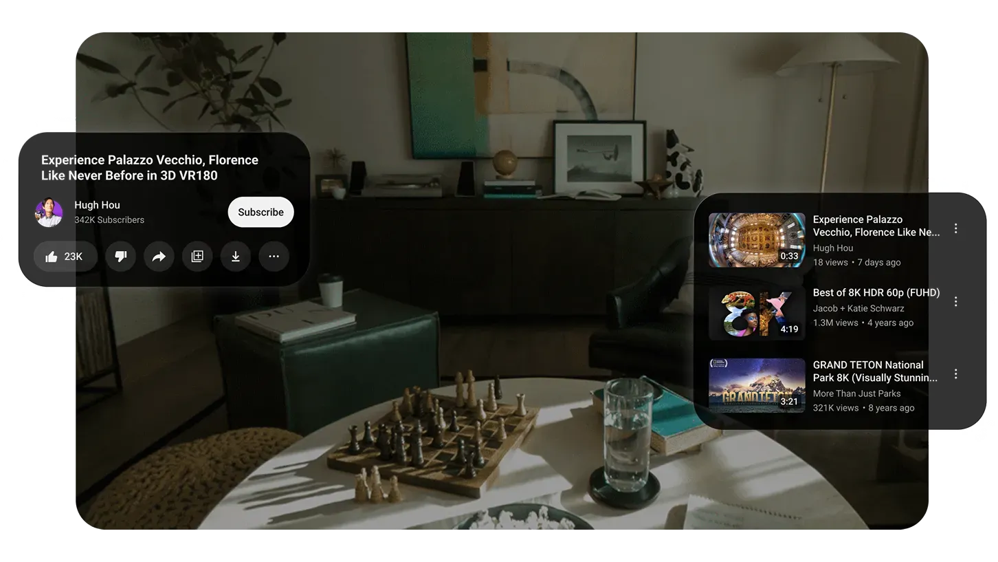 Image of the XR headset display while looking at a chess board on a coffee table.