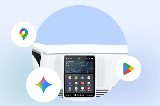 A car dashboard with a car display is inside a large circle with 3 small rounded Google app icons surrounding it.