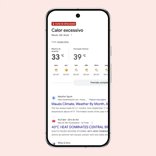 Uma tela de celular mostrando um alerta público do Google Weather sobre calor extremo em Añatuya, província de Santiago del Estero, na Argentina. O painel mostra uma previsão de calor intenso, com temperaturas de até 37&nbsp;graus&nbsp;Celsius e sensação térmica de 44&nbsp;graus, acompanhada de recomendações de segurança da GHHIN, como manter a hidratação e ficar em locais frescos.