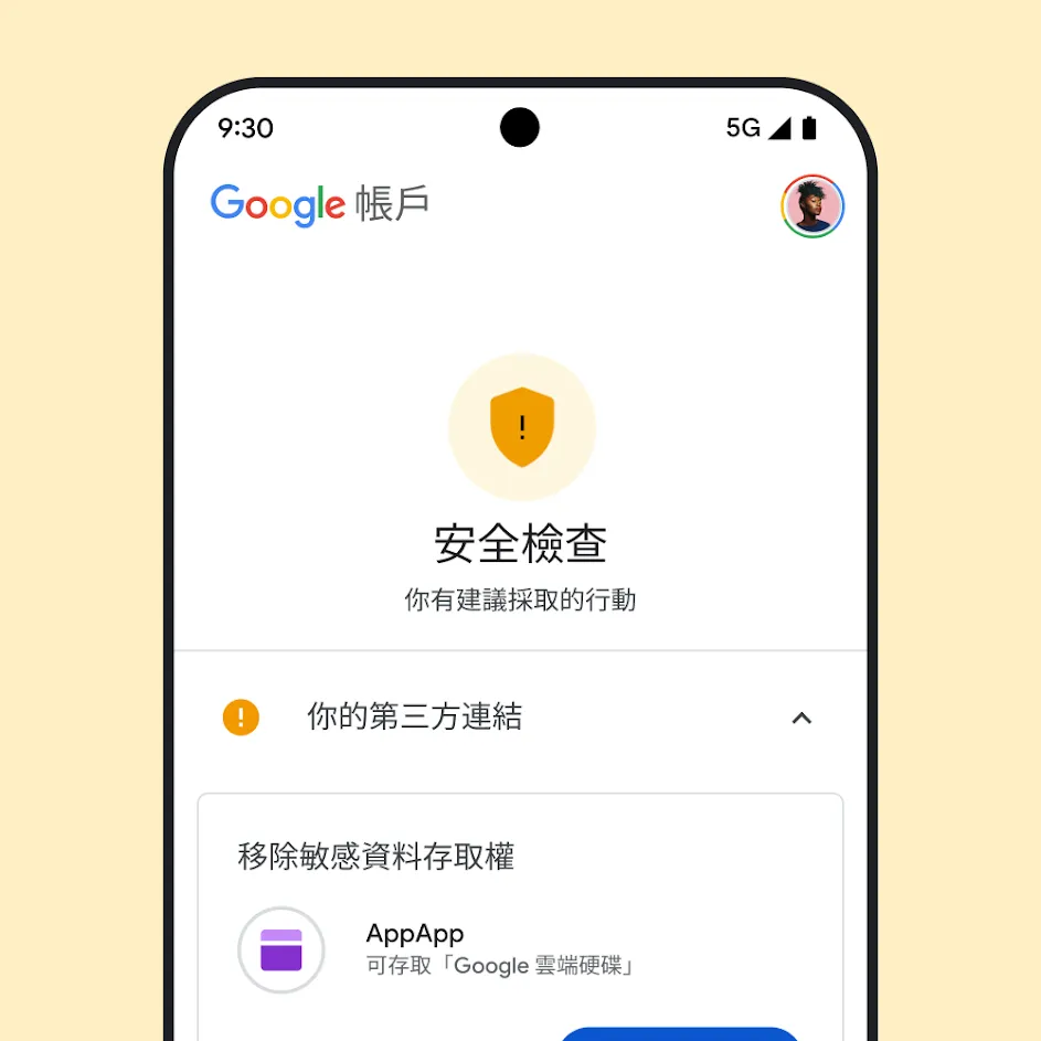 Google「安全檢查」使用者介面的圖片。