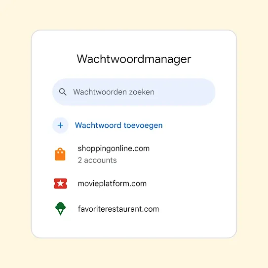 Interface voor Wachtwoordmanager met een veld om wachtwoorden te zoeken boven een link om een wachtwoord toe te voegen.