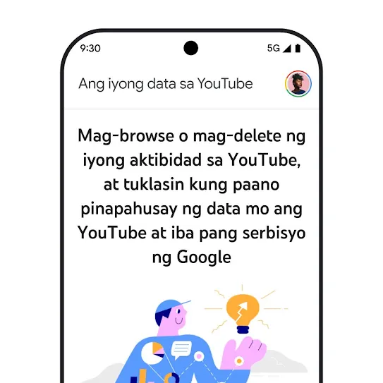Visual ng screen ng smartphone na nakabukas ang YouTube, na nagpapakita ng mensaheng nagbibigay-kaalaman tungkol sa “Ang iyong data sa YouTube” kasama ang mga detalye sa pag-browse at pag-delete ng history ng aktibidad.