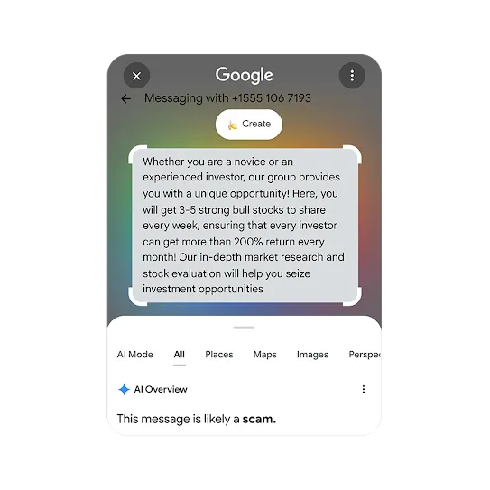 A fraudulent text message on a phone screen, with Google's AI Overview identifying it as a likely scam.