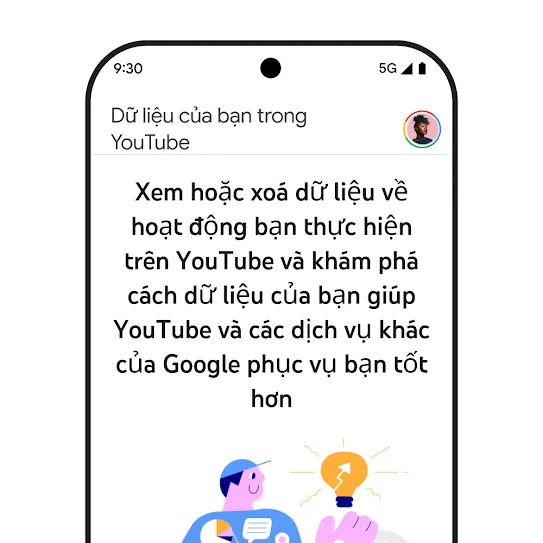 Hình ảnh màn hình điện thoại thông minh đang mở YouTube và hiển thị một thông báo về phần "Dữ liệu của bạn trong YouTube", trong đó có thông tin chi tiết về việc duyệt xem và xoá nhật ký hoạt động.