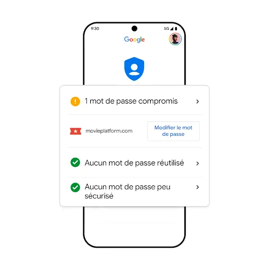 Image d'un téléphone Google affichant des résultats de mots de passe compromis.
