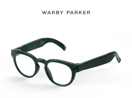 An angled view of Warby Parker AI glasses in a forest green frame.