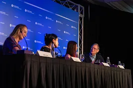Side profile of panelists Halie Craig, Danielle Li, and Hal Varian during a technology policy discussion at the TPI Aspen Forum.