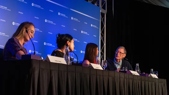 Side profile of panelists Halie Craig, Danielle Li, and Hal Varian during a technology policy discussion at the TPI Aspen Forum.