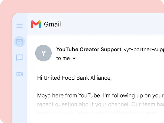 Gmail interface showing an email from YouTube Creator Support addressed to United Food Bank Alliance.