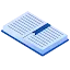 3D isometric illustration of an open blue book with a dark blue bookmark, representing research and policy guidelines for trade and technology.
