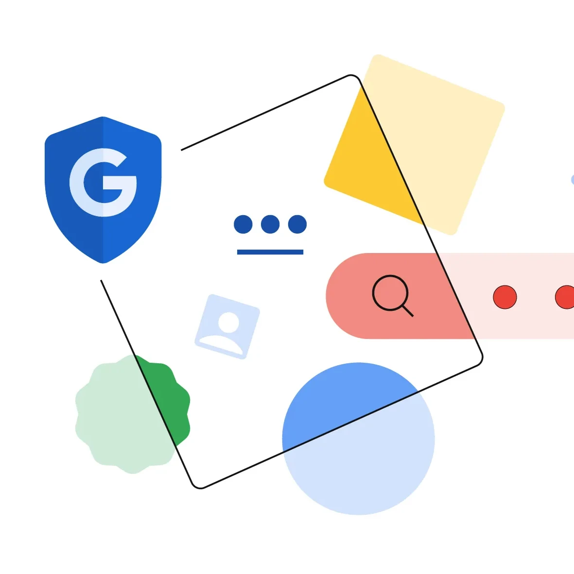 An abstract illustration features a Google shield icon, various shapes and colors