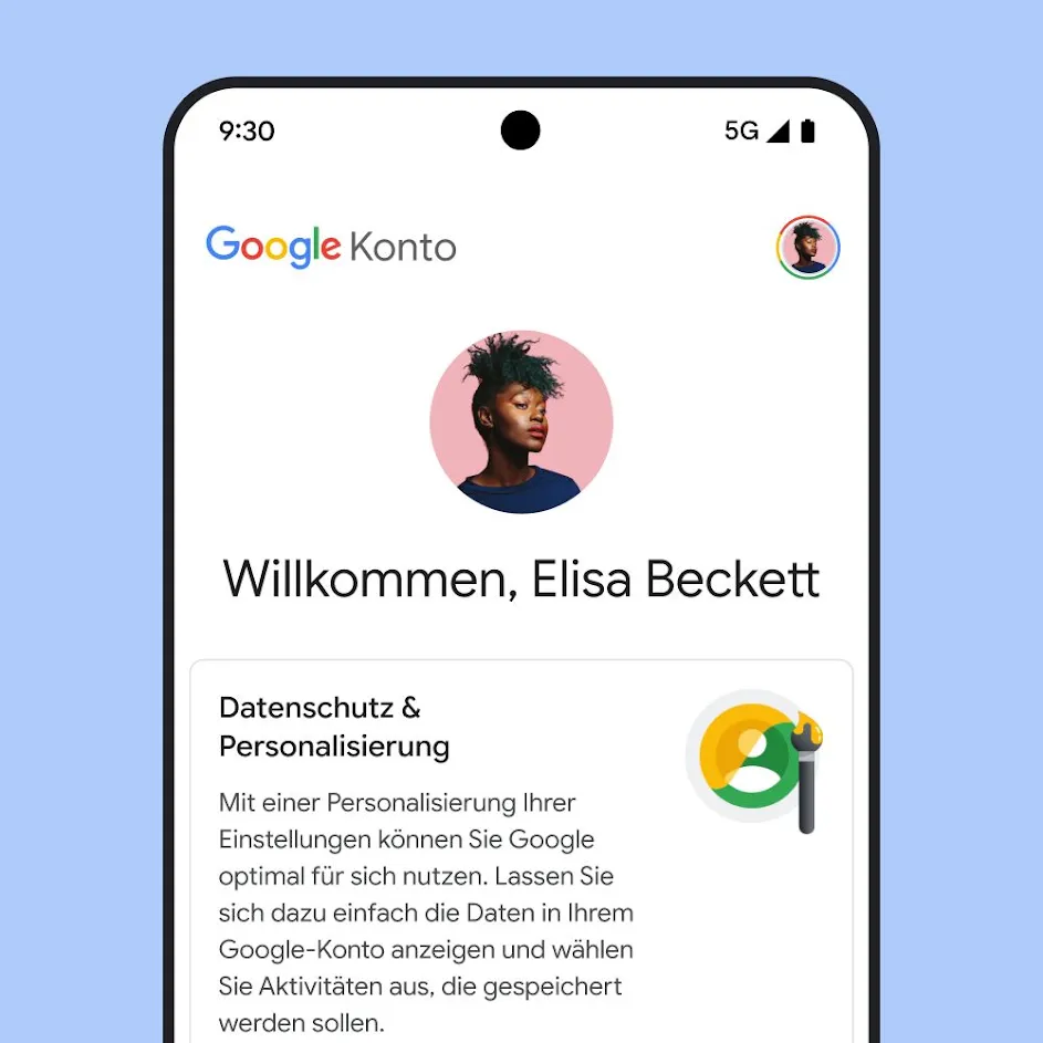 Bild der Benutzeroberfläche eines privaten Google-Kontos mit Hinweisen zu Datenschutz und Personalisierung sowie einem Link zum Verwalten von Daten und Datenschutzeinstellungen.
