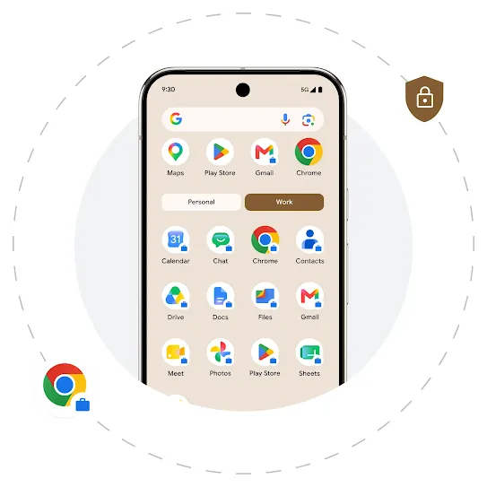 An Android homescreen showing different Google apps. Behind the phone is a grey solid circle and a dashed circle right outside it. Two icons are scattered around the dashed circle. One is Chrome and the other is a brown shield with a white lock in the middle.