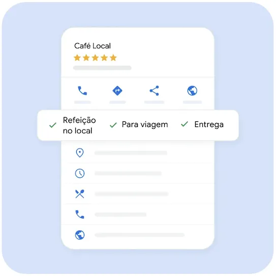 Tela de um celular mostrando o perfil de uma empresa local chamada "Detroit Voltage". O card mostra uma classificação de 5 estrelas, uma imagem de banner de mãos com luvas usando um alicate corta-fios e detalhes de contato essenciais, incluindo um endereço em Detroit, horário de funcionamento das 9h às 17h, um número de telefone e um link para o site.