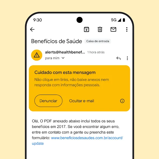Imagem de um e-mail do Gmail na tela de um smartphone, mostrando um alerta de segurança sobre uma possível tentativa de phishing.