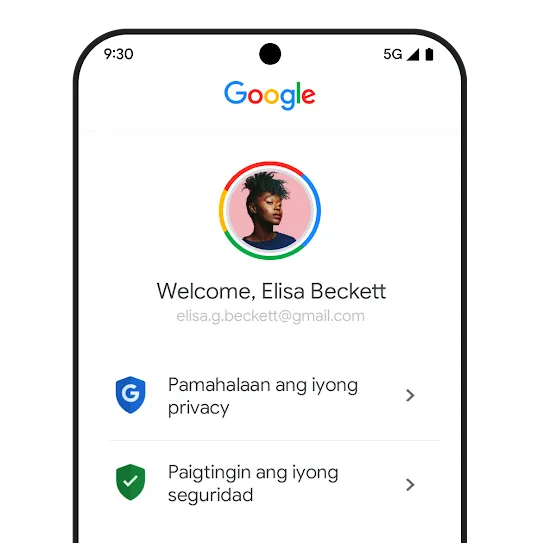 Ipinapakita ng menu sa mobile ng Google Account ang mga rekomendasyon sa privacy at seguridad