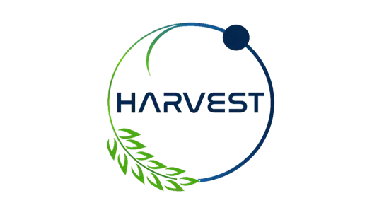 Official Harvest logo featuring dark blue text enclosed in a thin circular border accented with green wheat stalks and a dark blue circle.
