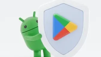 A 3D illustration featuring the green Android mascot peering from behind a large white shield. The shield prominently displays the colorful Google Play logo, symbolizing the combined efforts to protect the app ecosystem and ensure mobile security.