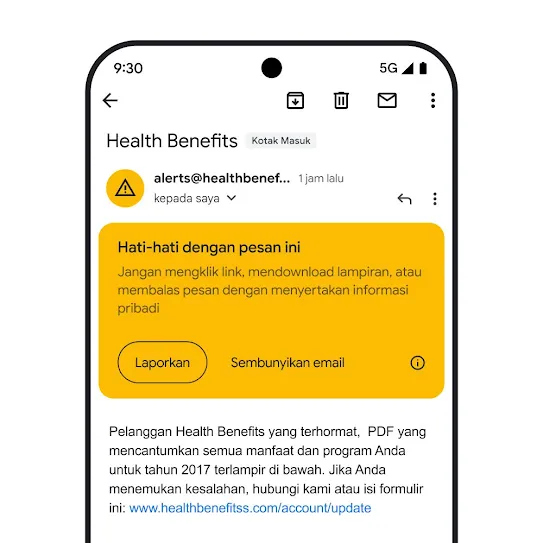 Visual email di Gmail pada layar smartphone, yang menampilkan notifikasi keamanan terkait potensi upaya phishing.