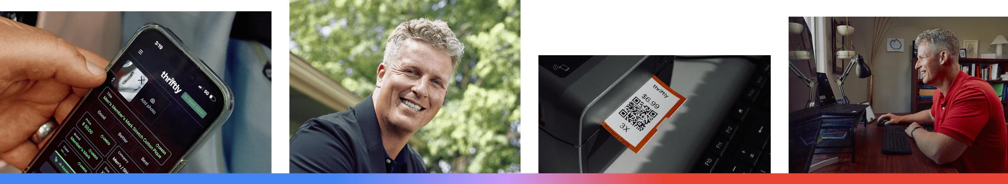 A composite of four images featuring Thriftly in Colorado, showing the AI-powered resale app interface, a professional portrait of founder Jason Toews, a generated inventory price tag, and Toews working in his home office to help thrift stores digitize their inventory.