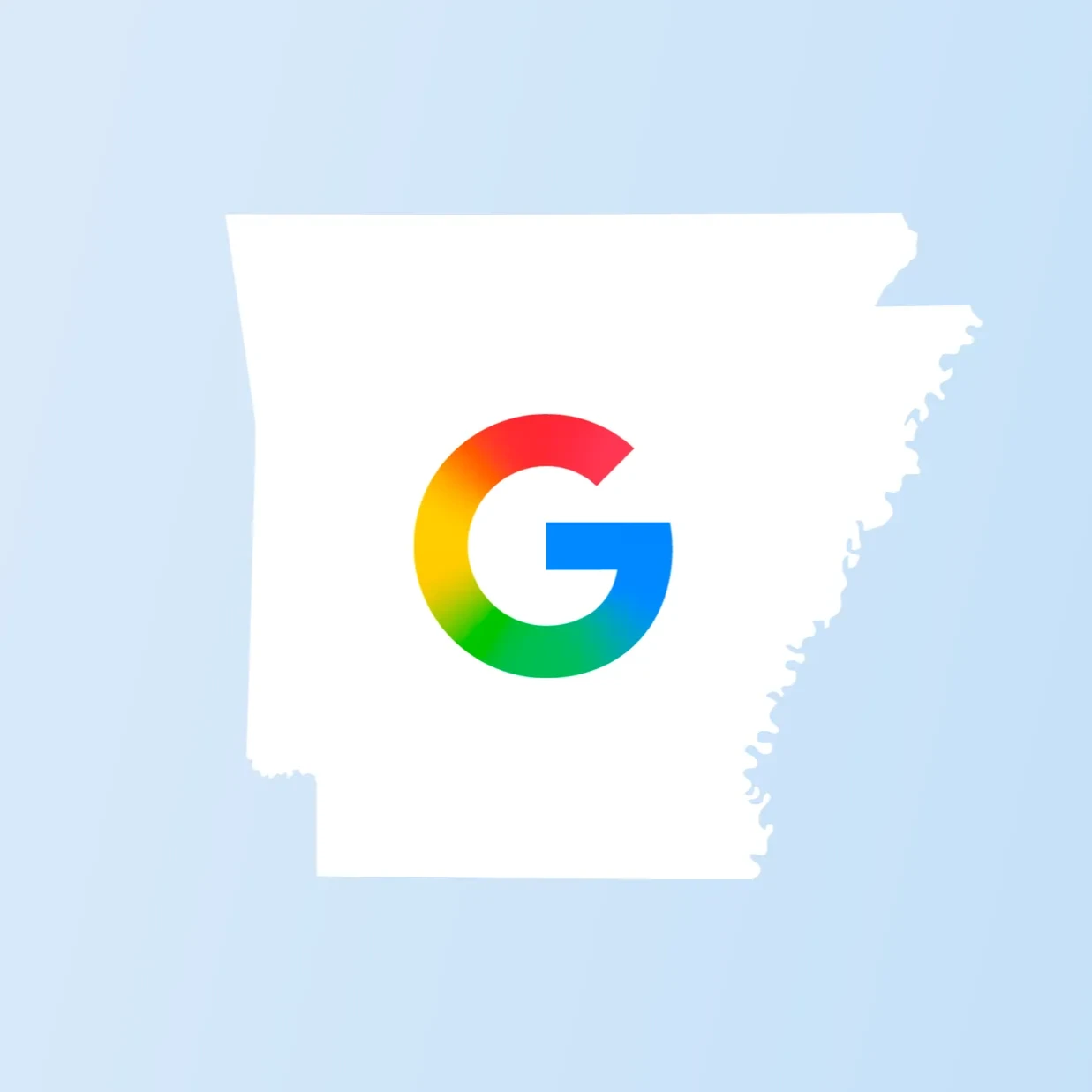 Multicolored Google "G" logo centered inside a white silhouette outline of the state of Arkansas on a light blue gradient background.