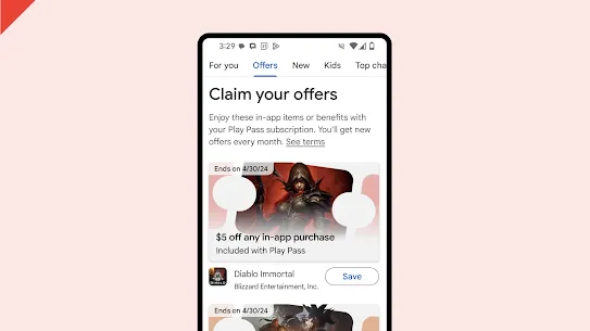 The Offers tab displays a deal for $5 off any in-app purchase in Diablo Immortal for Play Pass subscribers