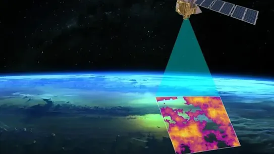 A satellite in space collects an image of methane emissions from the earth. 