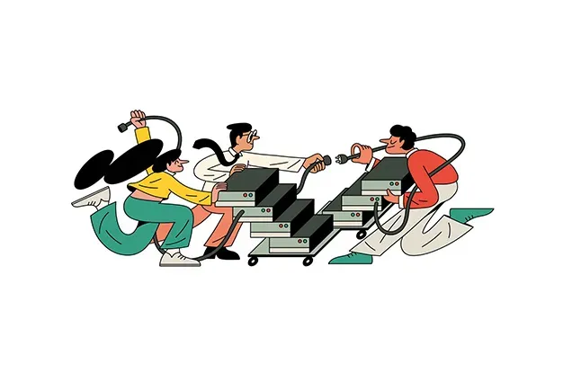A playful, flat-style illustration of three people working together to connect stacked computer servers. One person pushes a cart of servers while the others attempt to plug in large power cables, symbolizing collaboration and the building of digital infrastructure in Europe.