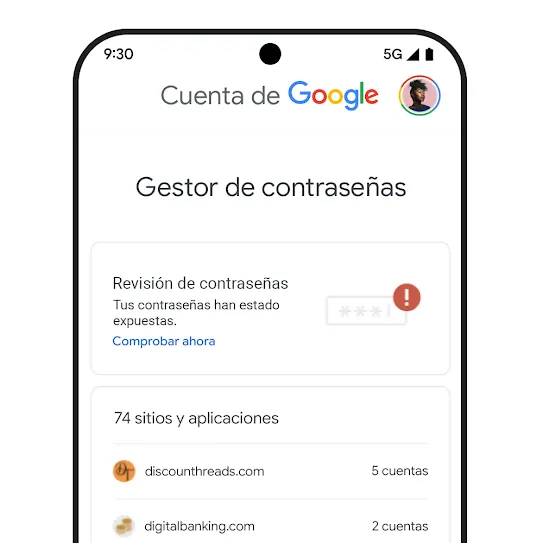 Imagen de la pantalla de un smartphone en la que se muestra Revisión de Contraseñas debajo del título del Gestor de Contraseñas.