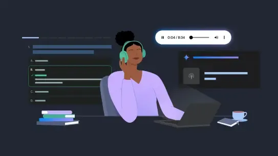 animated student uses headphones with a laptop and study materials