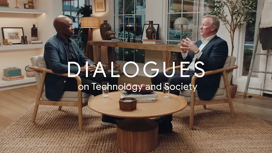 A promotional image for Google's "Dialogues on Technology and Society" series, showing James Manyika and retired Admiral William H. McRaven seated across from each other in a studio setting. They are engaged in a discussion about leadership, integrity, and the future of AI.