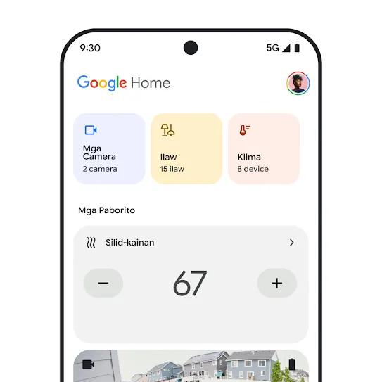 Visual ng screen ng smartphone na nakabukas ang Google Home, na nagpapakita ng dashboard na may sa isang sulyap na impormasyon tungkol sa mga security camera, ilaw, at klima. 