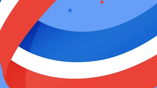 An abstract, patriotic digital illustration celebrating 250 years of the United States. The design features bold, sweeping ribbons of red, white, and blue curving across a light blue background. Small square confetti pieces in red, white, and blue are scattered throughout, creating a festive atmosphere for the America250 milestone.