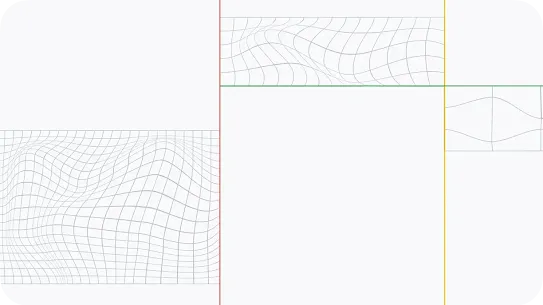 A minimalist abstract graphic featuring a white background divided by thin red, green, and yellow lines. Three distinct rectangular sections contain grey wireframe grids with various wavy, warped, and distorted patterns.
