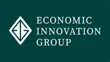 The logo of the Economic Innovation Group (EIG) featuring a white diamond icon with stylized geometric lines inside, followed by the organization's name in white serif capital letters. The logo is set against a dark teal green square background with rounded corners. This image is associated with the report 'Looking for the Ladder: Is AI Impacting Entry-Level Jobs?'.