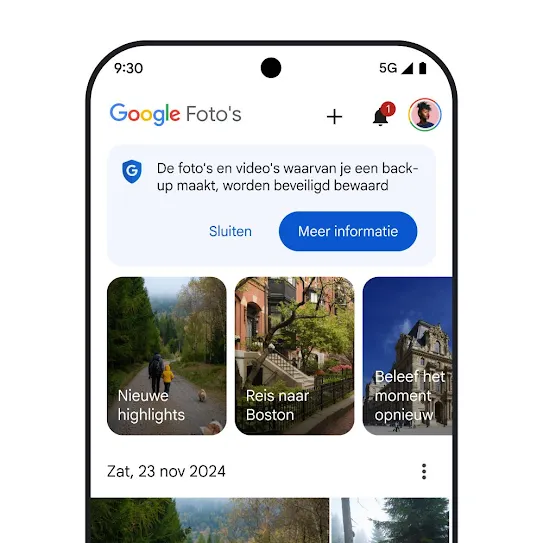 Visuele weergave van een smartphonescherm met Google Foto's geopend. Er wordt een beveiligingsbericht getoond met de tekst 'De foto's en video's waarvan je een back-up maakt, worden beveiligd bewaard' en een link voor meer informatie.