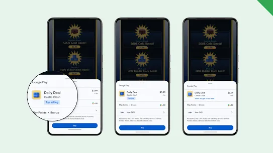 Three Pixel phones show the new badges for a top-selling in-app purchase on Google Play