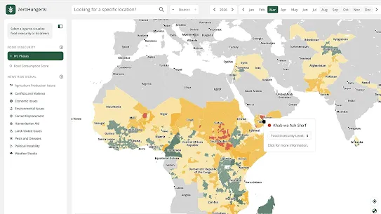 Interactive user interface for ZeroHungerAI displaying a global map highlighting food insecurity IPC Phases across Africa and the Middle East, with a location popup for Khab wa Ash Sha'f in Yemen.