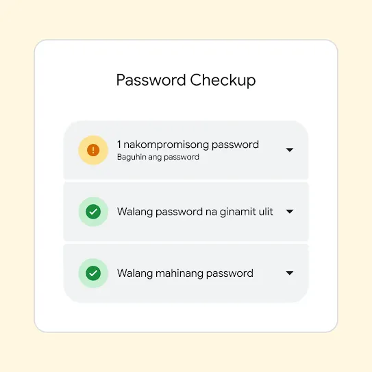Interface para sa Password Checkup na nagpapakita ng mga resultang kasama ang "1 nakompromisong password" at suhestyon para palitan ang password na iyon.