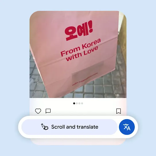 An example of the translation capability on Circle to Search shows a pink bag with Korean characters being translated to English.